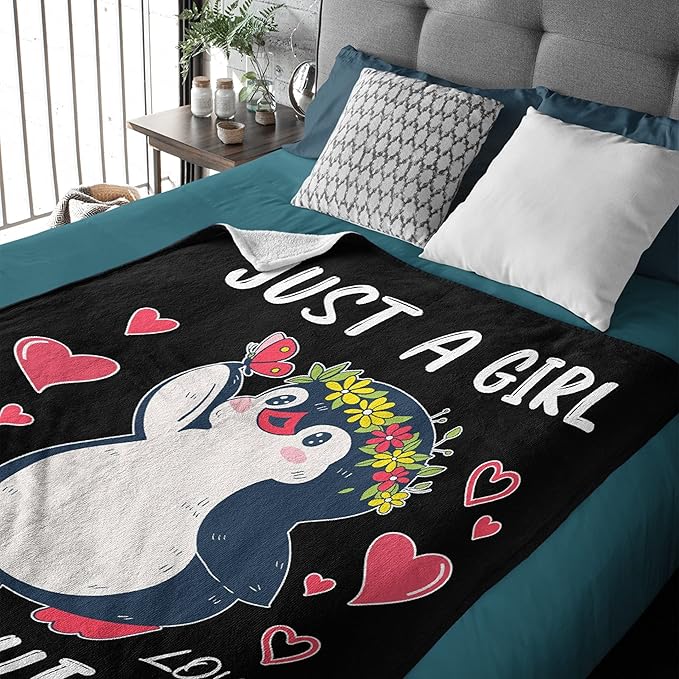 Just Girl Loves Penguins Blanket Soft Blankets and Throws Flannel Cozy Lightweight Quilt Gift Perfect for Bed Sofa Couch-80 x60 Large for Adult