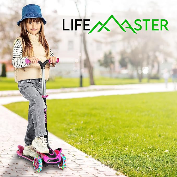 Kids Scooter – Foldable Seat – LED Wheel Lights Illuminate When Rolling – Children and Toddler 3 Wheel Kick Scooter – Adjustable Handlebar – Indoor and Outdoor- by Lifemaster