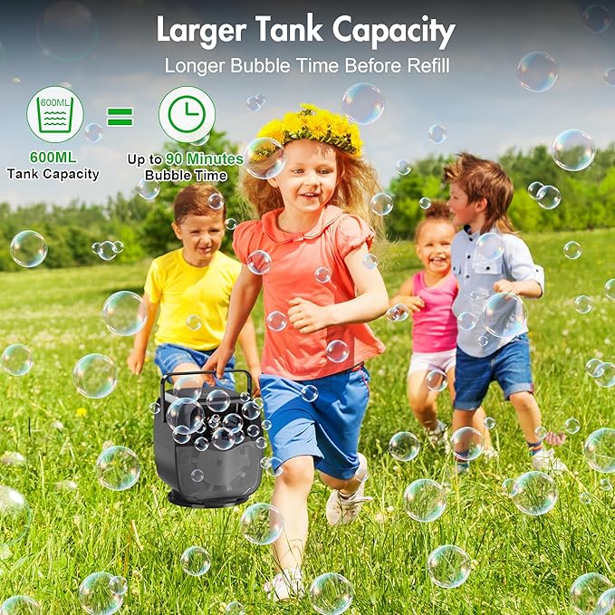 KIDWILL Rechargeable Bubble Machine, Automatic Bubble Blower - 5,000mAh Power, 90°/180°/360° Auto Rotation, 3 Speeds - Bubble Maker Toy for Toddler, Kids, Pets, Parties Indoor Outdoor