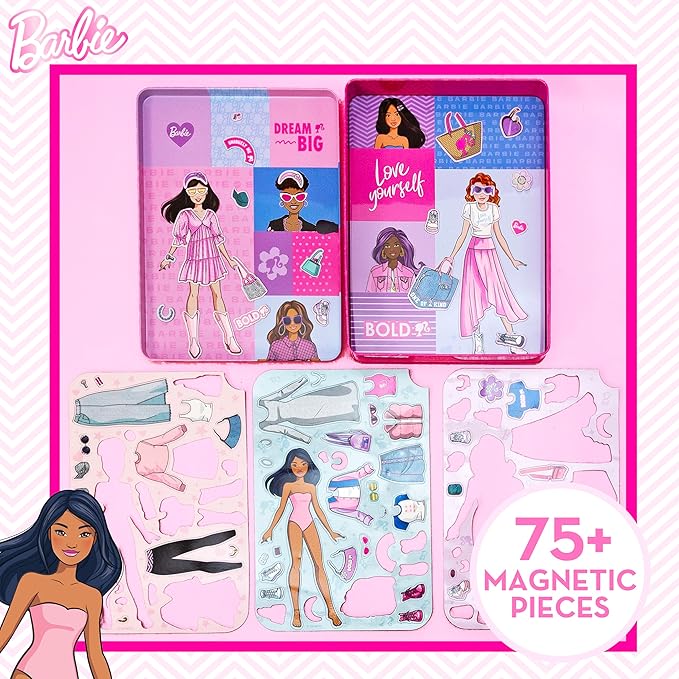 Barbie D.I.Y. Magnetic Play Set, 75 Pieces, 3 Magnetic Dolls, Crafts for Kids Ages 4-8, 4 Year Old Girl Birthday Gifts, Girl Toys, Cute Travel Toy, Fun Airplane Activities, Pretend Play for Girls