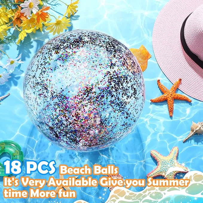 Chivao 18 Pcs Sequins Beach Ball 24 Inch 16 Inch Clear Inflatable Glitter Summer Swimming Pool Balls Wedding Outdoor Floatable Decor Confetti Decor for Beach Party(Multi Color)