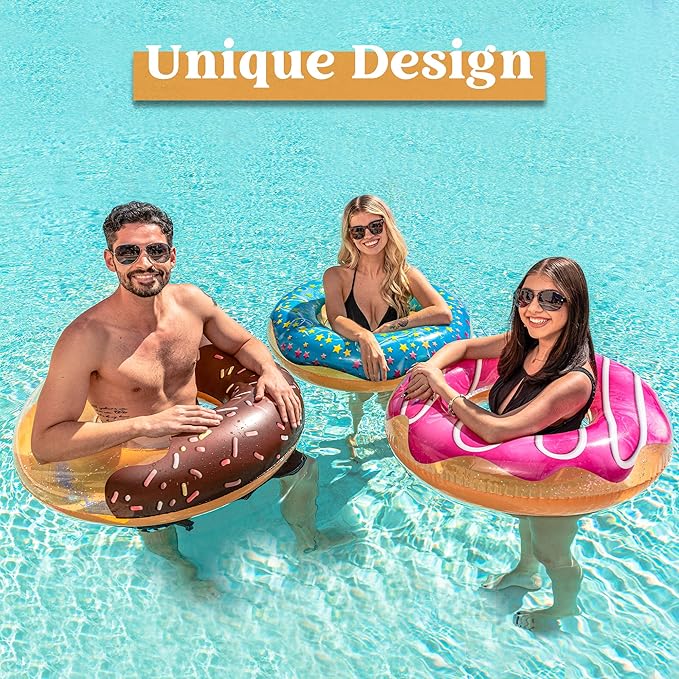 JOYIN Donut Pool Float with Glitters 32.5” (3 Pack), Funny Tube Toys for Swimming Pool Party and Donut Party Supplies