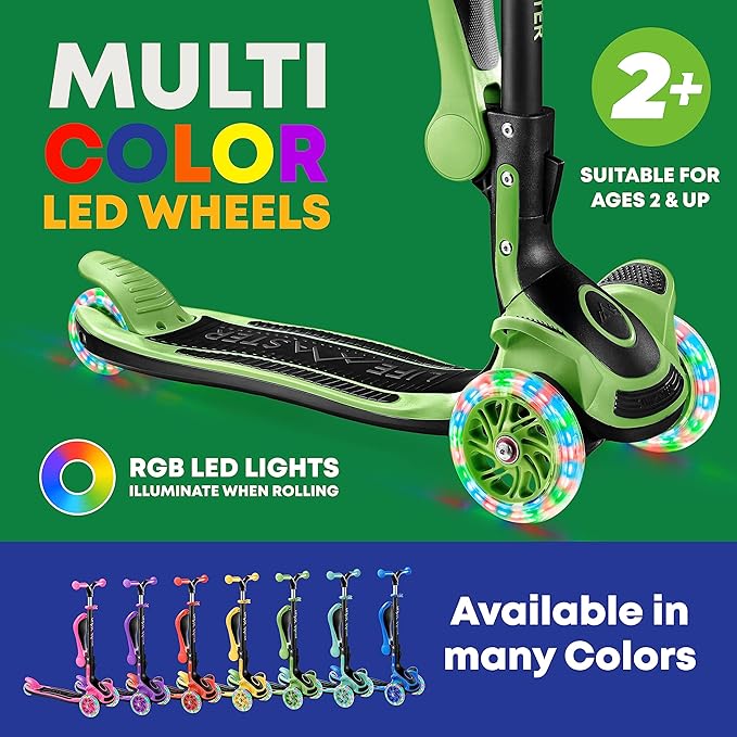 Kids Scooter – Foldable Seat – LED Wheel Lights Illuminate When Rolling – Children and Toddler 3 Wheel Kick Scooter – Adjustable Handlebar – Indoor and Outdoor- by Lifemaster