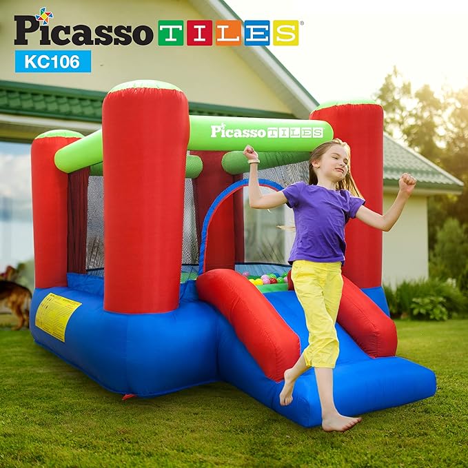 PicassoTiles KC106 8x7 Foot Junior Inflatable Bouncer, Kid Park, Jumping Bouncing House, Jump Slide Playhouse w/ 50 Pit Balls, 3 Sides Mesh Protection, and Heavy-Duty GFCI ETL Certified 385W Blower