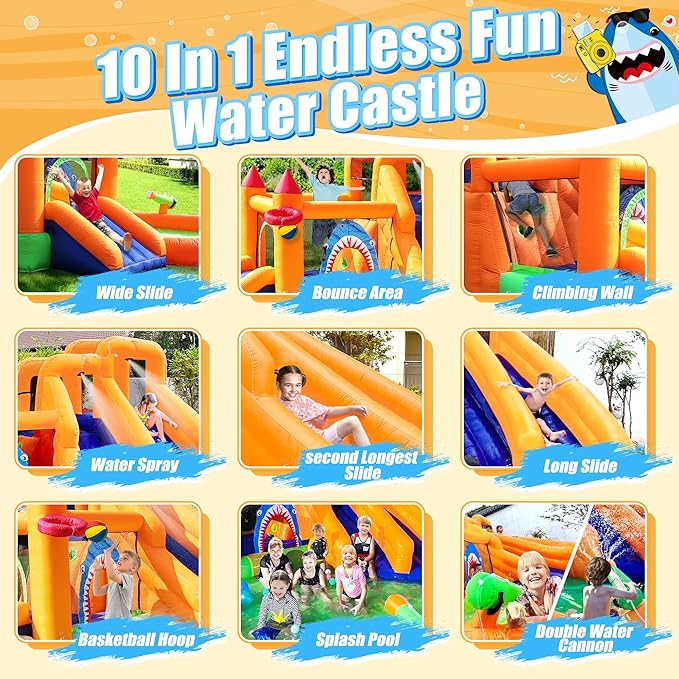 Inflatable Bounce House, Triple Water Slide for Kids with Double Cannon, Climbing Wall, Jumping, Splash Pool, Basketball Hoop for Outdoor Backyard Party, 10 in 1 Giant Castle Included 550W Air Blower