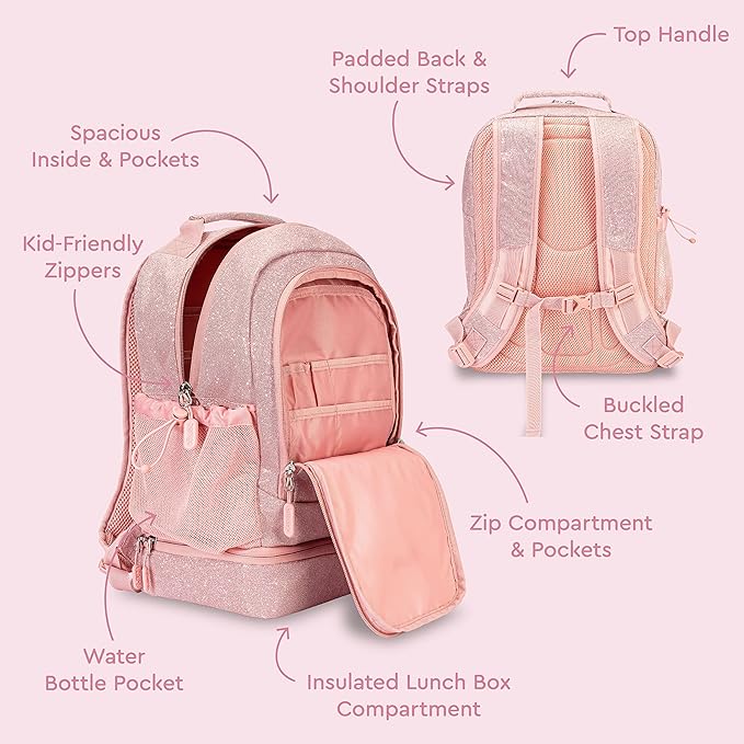 Bentgo Kids 2-in-1 Backpack & Insulated Lunch Bag - Glitter Designed 16” Backpack for School & Travel - Durable, Water Resistant, Padded, & Large Compartments (Glitter Edition - Petal Pink)