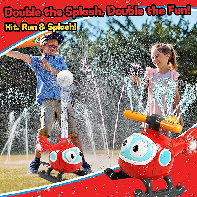2 in 1 Water Sprinklers T Ball Set for Kids & Toddlers, Outdoor Baseball and Spray Play Toy, Backyard Summer Yard Games, Connects to Garden Hose, Fun Water Toys for Lawn, Pool or Party Activities
