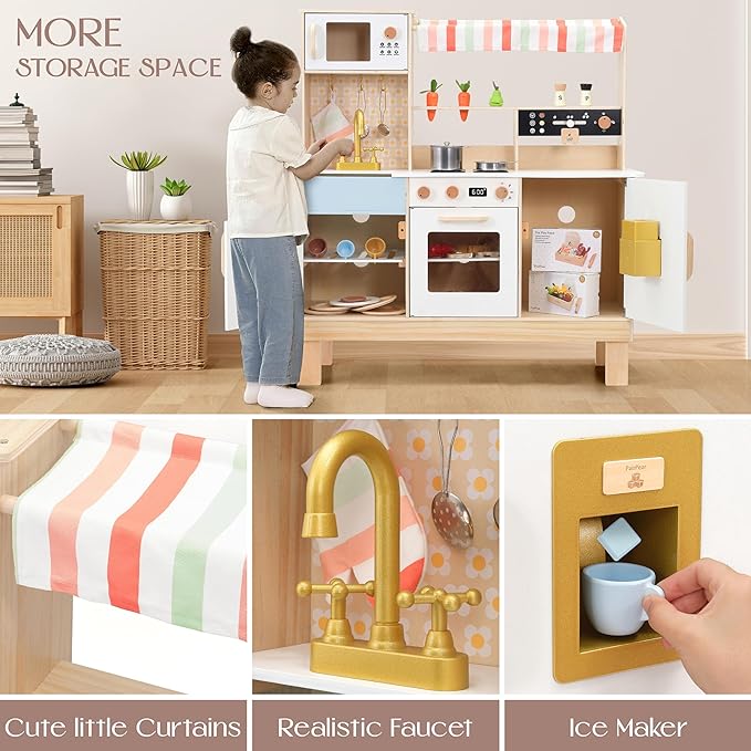 PairPear Wooden Play Kitchen for Kids, Pretend Play Toy Kitchen Set Coffee Maker, Ice Maker & Toy Food Accessories, Toddler Play Kitchen Gift for 3 Yeard and Up