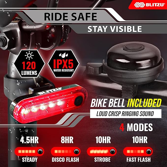BLITZU Bike Lights, Super Bright Bicycle USB-C Rechargeable Headlight, Taillight & Bike Set, Waterproof Safety Front & Rear Back light for Night Riding, Easy to Install for Men Women Kids Road Cycling