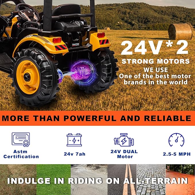 Kidsera 24V Ride on Tractor with Front Loader, Ride On Excavator with 24volt Dual Motors 4-Gearbox Metal Frame Kids Electric Vehicles 24V Power Wheels 24v Ride on Toys for Big Kids (Yellow)