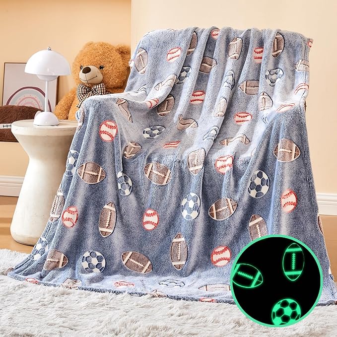 Wajade Sports Balls Gifts Toys for Boys Girls - Glow in The Dark Sports Balls Blanket Birthday Christmas Decor for Kids Age 3 4 5 6 7 8 9 10 11 12 Years Old Teens Child Throw Light Grey 60"x80"
