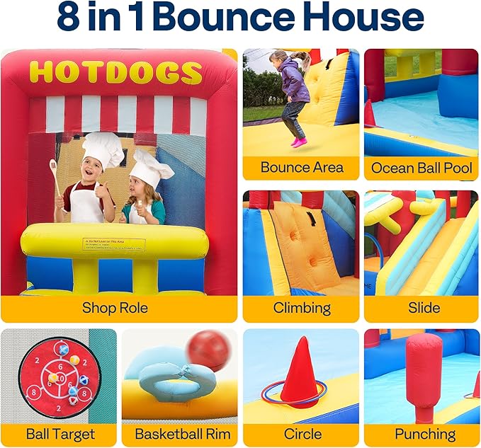 VIVOHOME 9 in 1 Bounce House for Kids, Market Theme Inflatable Bouncy Castle with Slide, 13x11 FT Inflated Bouncer for Outdoor with Blower, Basketball, Climb, Jump Area, Ball, Water Pool, Hoop