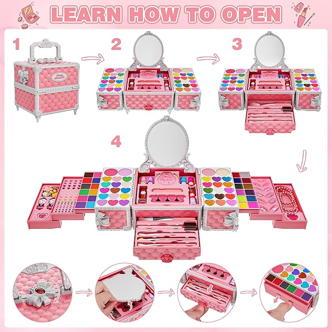 99 Pcs Kids Makeup Kit for Girls, Princess Toys Real Washable Cosmetics Set with Mirror, Hair Ties, Nails, Rings, Earrings, Necklace, Perfect for 3 4 5 6 7 8 Year Old Girls Birthday