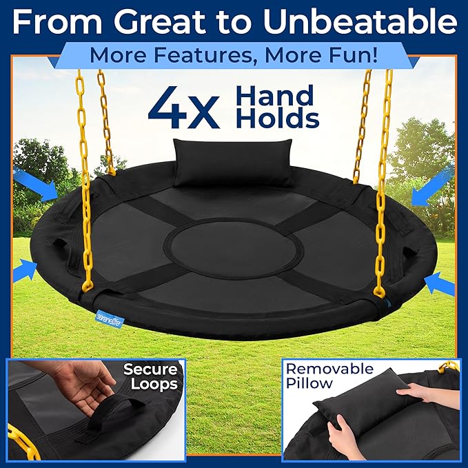 SereneLife 40" Saucer Swing - Outdoor Swing Set with Heavy-Duty Chains & Hanging Kit, Swinging Seat Spinner with Pillow & Carry Bag, Weatherproof, Water-Resistant, Supports Up to 700 lbs, Black