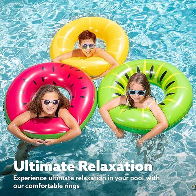 JOYIN Inflatable Swim Tube Raft (3 pack) with Summer Fruits Painting, Pool Toys for Swimming Pool Party Decorations