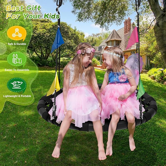 40 Inch Saucer Swing, 900lbs Weight Capacity Tree Swing Sets for Backyard 2 Added Hanging Straps Adjustable Multi-Strand Ropes and Center Swivel Spinner, Gifts for Kids and Family, Black