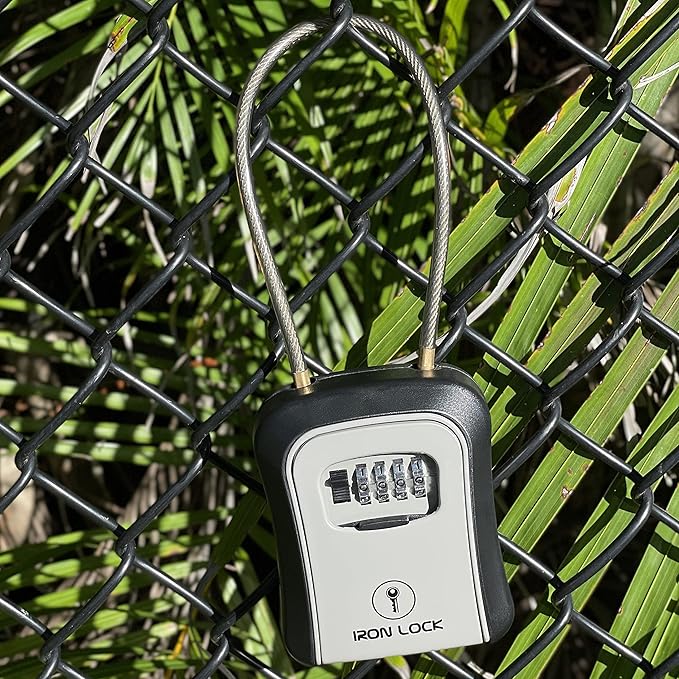 Iron Lock® Portable Key Lock Box and Wall Mounted with Removable Cable Shackle Outdoor Waterproof 4 Digit Combination with Resettable Code with A B Switch Key Lockbox for Outside (Medium, Grey)