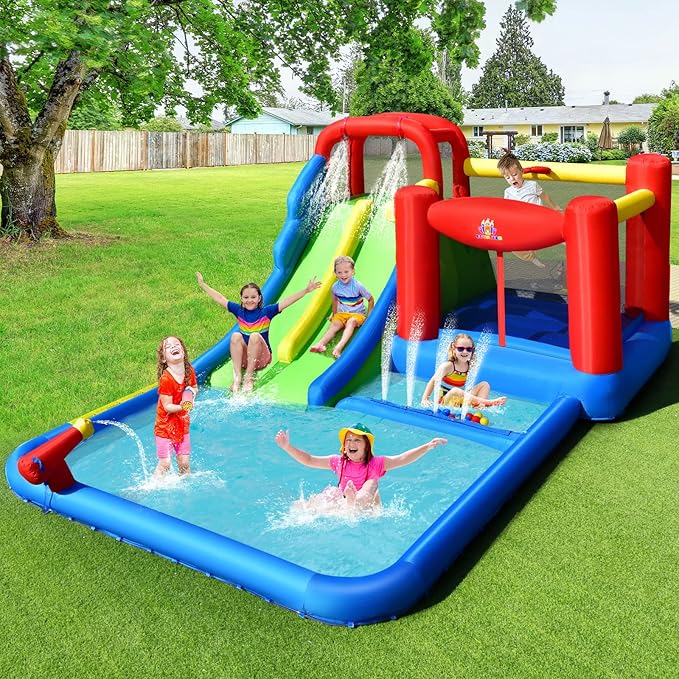 BOUNTECH Inflatable Water Slide, 7-in-1 Dual Slides Kids Water Park Jump Castle, Water Slides Inflatables for Outdoor w/Big Splash Pool, Kids Backyard Party Water Slide Bounce House with Blower