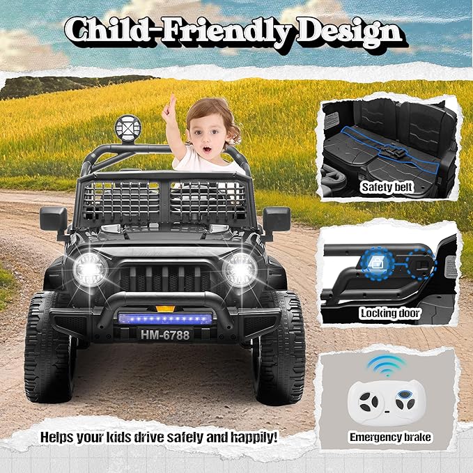 2 Seater Ride on Car for Kids, 24V Electric Power Ride on Truck Toy with Remote Control, 200W Motor, LED Lights, Music, 3 Speed, 4 Wheel Suspension Spring, Soft Start, Safety Belt