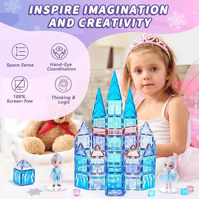 Magnetic Tiles Building Toys Set with 2 Dolls, Princess Castle Magnetic Blocks for Kids Ages 3-5 4-8, STEM Educational Sensory Magnet Toys Birthday Gifts for Toddlers Girls Boys