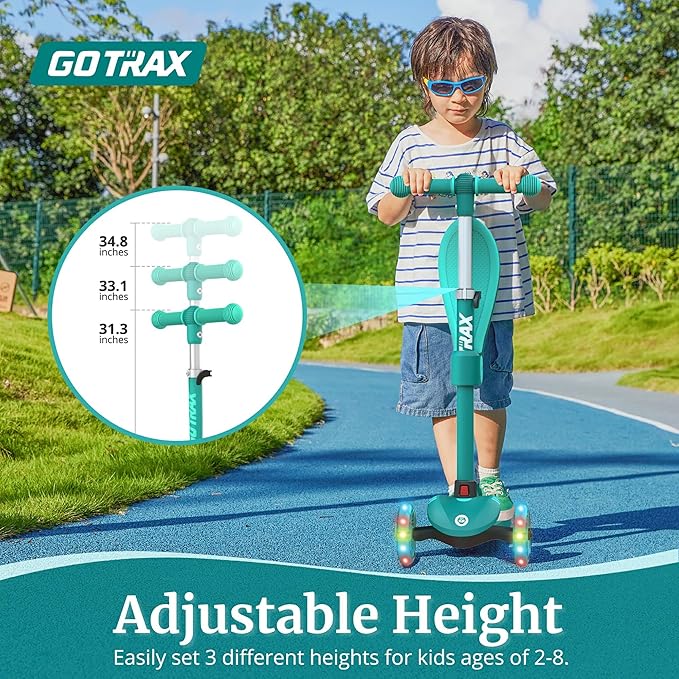 Gotrax KS3 Kids Kick Scooter, LED Lighted Wheels, Adjustable Height Handlebars and Removable Seat, Lean-to-Steer & Widen Anti-Slip Deck, 3 Wheel Scooter for Kids Ages 2-8 and up to 100 Lbs