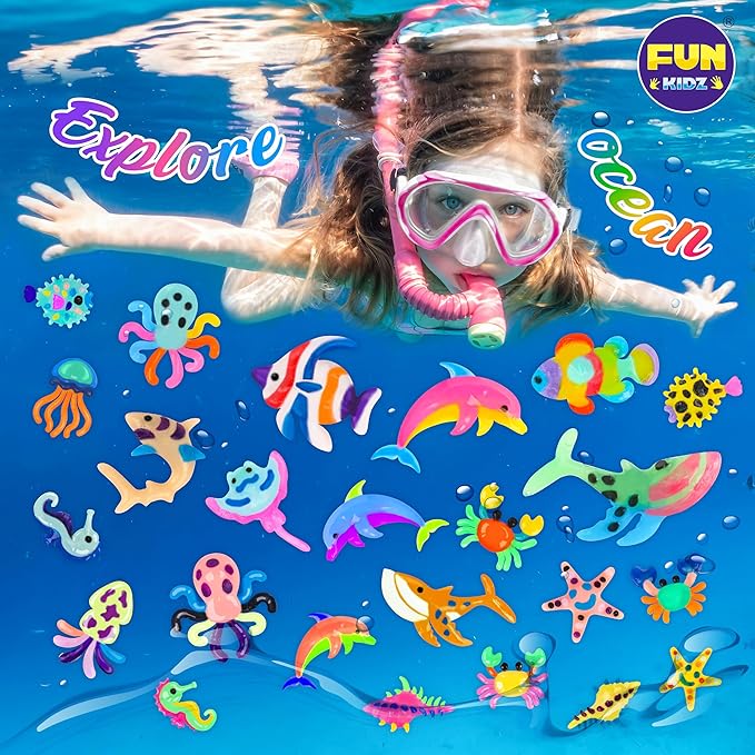 Ocean Magic Water Elves Toys Kit, FunKidz Aqua Squishy Craft Kit for Kids 25 Bright Ocean Colors Gel 16 Ocan Creature Molds Great Birthday Gift for Boys Girls Summer Activities
