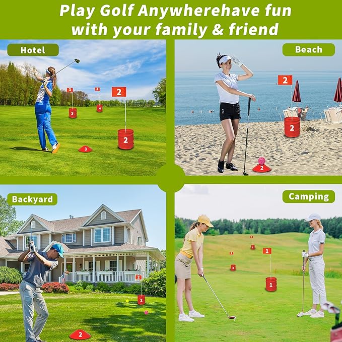 Golf Bucket Yard Game - 6 Hole Course With 2 Clubs, Balls and Flag for Adults and Family - Outdoor Lawn Chipping Games for Backyard, Beach, Park, Camping and Hotel