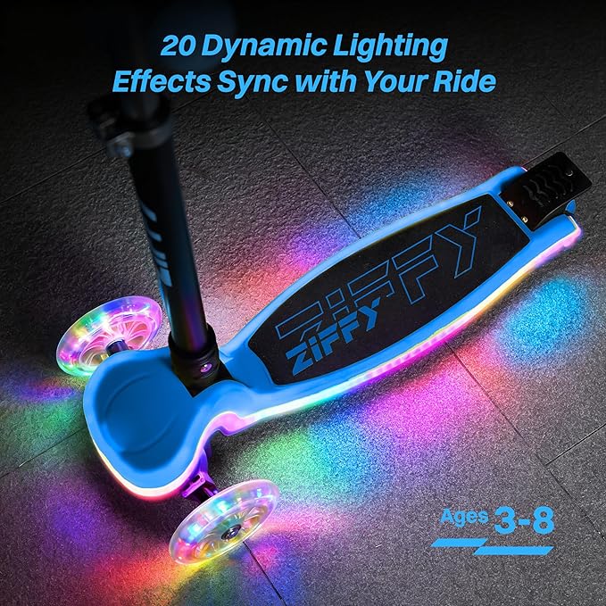 ZIFFY 3-Wheel Light-Up Toddler Scooter for Kids 3-8, Kids Scooter for Boys Girls with 20 Dynamic LED Lights, 4 Adjustable Height Balance Kick Scooter 110LBS, Lean-to-Steer Anti-Slip Wide Deck by JOVA