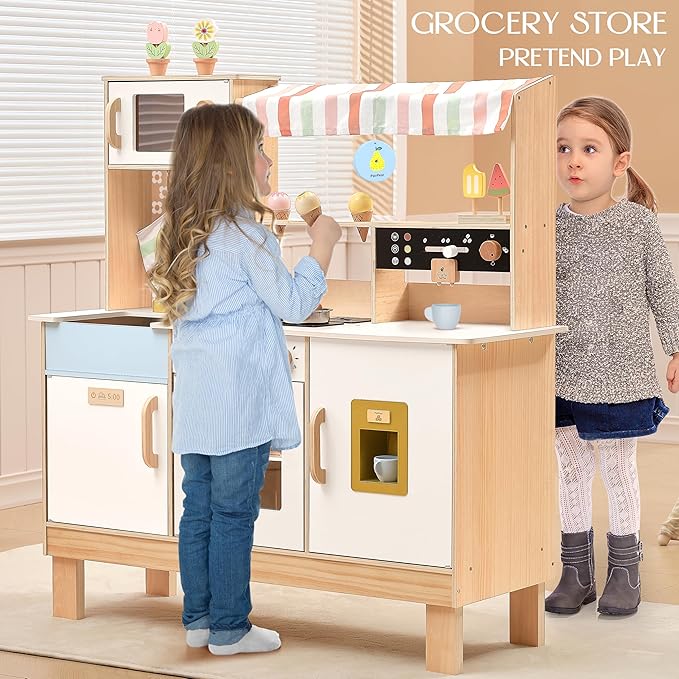 PairPear Wooden Play Kitchen for Kids, Pretend Play Toy Kitchen Set Coffee Maker, Ice Maker & Toy Food Accessories, Toddler Play Kitchen Gift for 3 Yeard and Up