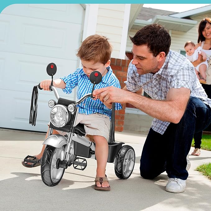 Toddler Kids Tricycle for 2-4 Year Olds - Motorcycle Style Trike W LED Headlight, Tassels & Rear Storage, Gift for Boys & Girls (White)