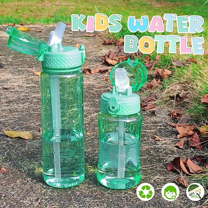 OLDLEY 12oz Kids Water Bottle for school Girls Boys, Motivational Water Bottles With Silicone Straw, Leak-Proof Tritan BPA-Free, Reusable water bottles for kids, Glow Green
