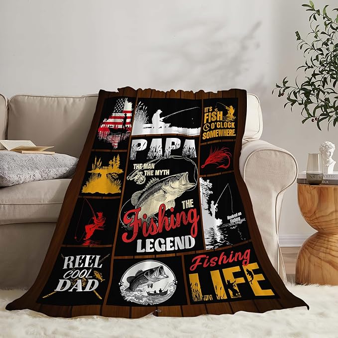 Fish Throw Blanket Fishing Stuff Gifts for Kids Girls Boys Adults Women Men Soft Cozy Warm Plush Fluffy Fuzzy Fleece Blanket Decor 60''X80''