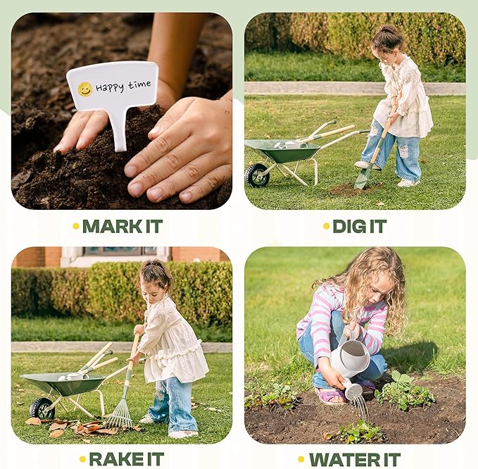 ROBOTIME Kids Wheelbarrow with Gardening Set – Metal Wheelbarrow Toddler Outdoor Play Toy with Garden Tools, Watering Can & Plant Labels, Pretend Play Yard Equipment for Boys and Girls (Green)
