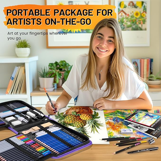 106 PCS Art Supplies Sketching Kit, Pro Drawing Pencils with 3-Color Sketchbook, Coloring Book, Colored Graphite Charcoal Watercolor & Metallic Pencils, Drawing Supplies Gifts for Artists Adults Kids