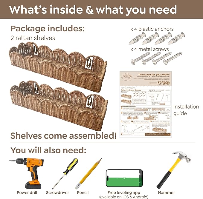 Nursery Book Shelves Set of 2 - Artisanal Natural Rattan Scalloped Book Shelf for Kids Rooms 15.8" W, Cute Wicker Nursery Bookshelf Wall Mounted, Handwoven Floating Kids Bookshelf, Baby Boho Decor