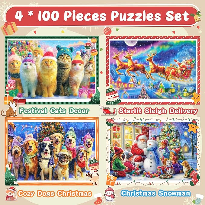 100 Piece Christmas Puzzles for Kids Ages 4-6, 4 Pack Jigsaw Puzzles for Kids Ages 6-8, Christmas Cats Dogs Snowman Sleigh Xmas Gifts for Boys and Girls Learning Educational Holiday Puzzles 5-8 8-10