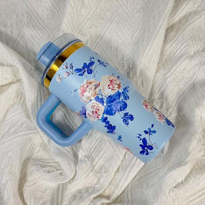 14 oz Tumbler with Handle and Straw, 14oz Toddler Tumbler with Lid and Straw for Kids Stainless Steel Tumblers, Outdoor Sports Travel School Gift, Keeps Drinks Cold up to 24 Hrs(Blue Flower)