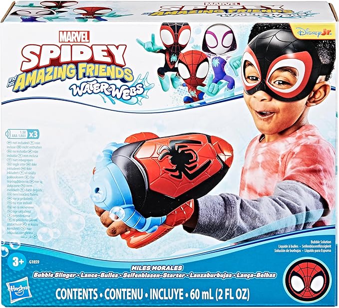 Spidey and his Amazing Friends Marvel Water-Webs Miles “Spin” Morales Electronic Bubble Slinger Role Play Set with Mask, Super Hero Toys for Kids,, Ages 3+ (Amazon Exclusive)