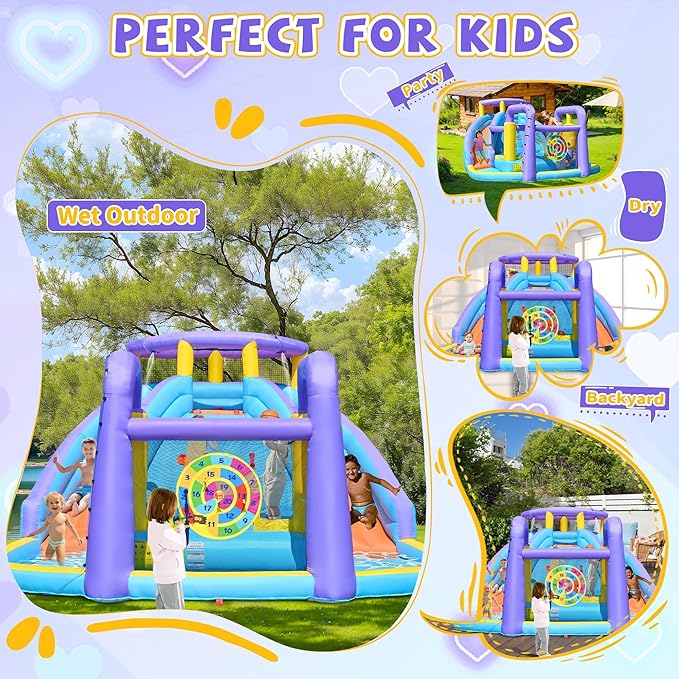 8 in 1 Inflatable Water Slide Bouncy House with Double Slides Water Park with Splash Pool,Climbing Wall,Target Game for Outdoor Backyard Aged 3-10 Kids with 520W Blower 174 x 165 x 90 Inches