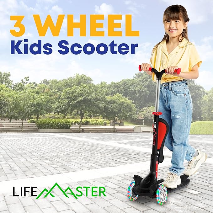 Kids Scooter – Foldable Seat – LED Wheel Lights Illuminate When Rolling – Children and Toddler 3 Wheel Kick Scooter – Adjustable Handlebar – Indoor and Outdoor- by Lifemaster