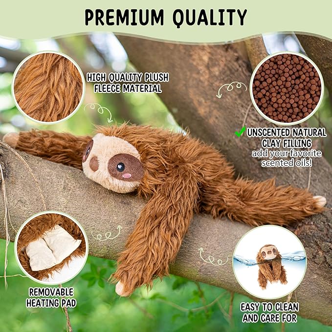 Happy Fuel Sloth Microwavable 1.5 lbs Unscented Heating Pad for Women & Kids - Cute Soft Cozy Pillow Plush Heatable Warm Stuffed Animals - Kawaii Hot & Cold Plushie Toy - Sloth Gifts for Girls & Boys