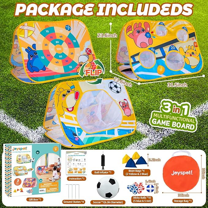 Giant 3 in 1 Bean Bag Toss Game for Kids, Toddler Outdoor Toss Toys for 2 3 4 5 6 7 8 Year Old Boys Girls, Family Party Supplies, Cornhole Party Carnival Games, Lawn Backyard Outside Birthday Gifts