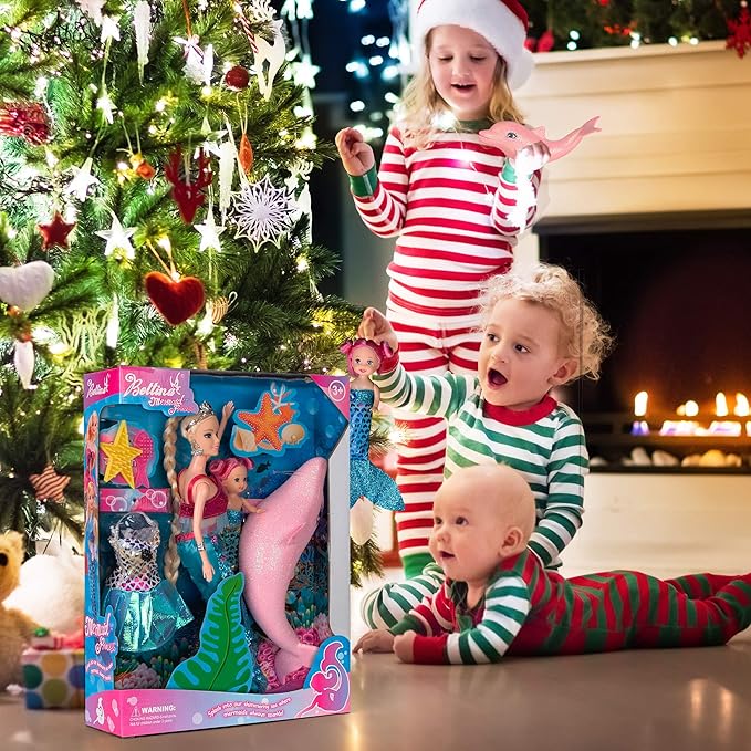 Princess Doll with Little Mermaid & Pink Dolphin Playset, Blonde Hair Dolls Toys with Accessories, Gift for 3 to 7 Year Old Girls