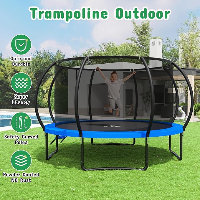 Polar Aurora 10FT 12FT 14FT 16FT Outdoor Trampoline with Safety Enclosure Net, Thickened Spring Pad，ASTM Approved Recreational Trampoline for Kids and Adults,Anti-Rust Coated Frame and Thickened Mat