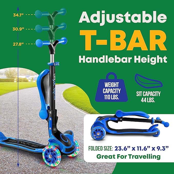 Kids Scooter – Foldable Seat – LED Wheel Lights Illuminate When Rolling – Children and Toddler 3 Wheel Kick Scooter – Adjustable Handlebar – Indoor and Outdoor- by Lifemaster