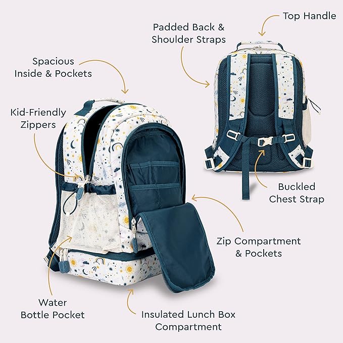 Bentgo Kids 2-in-1 Backpack & Insulated Lunch Bag - Durable 16” Backpack & Lunch Container in Unique Prints for School & Travel - Water Resistant, Padded & Large Compartments (Friendly Skies)