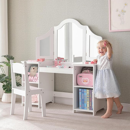 2 in 1 Kids Princess Vanity Storage Cabinet with Detachable Top, Tri-fold Mirror, Kids Vanity for Girls Age 3-9 (White with Chair)