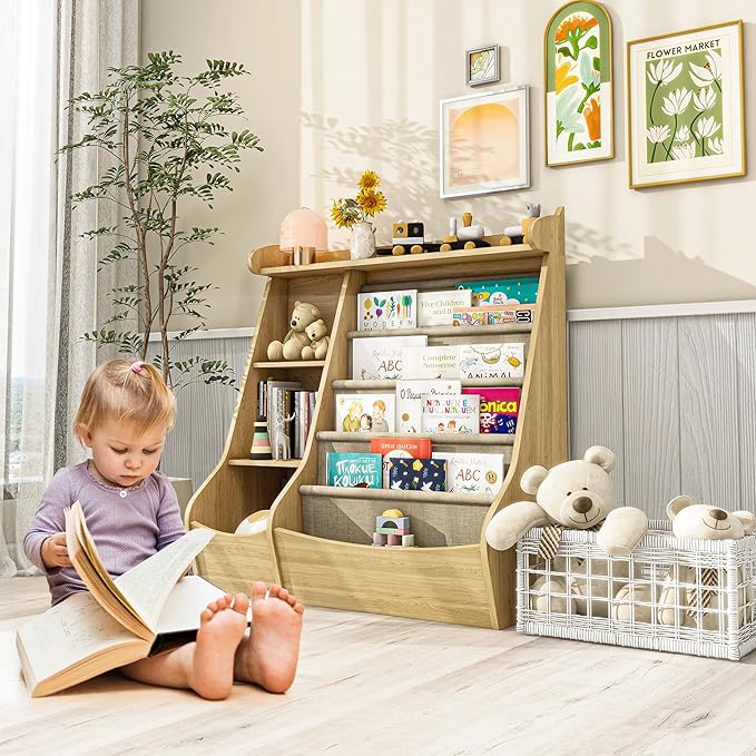 FKWin Bookshelf for Kids Room - 4 Tier Toddler Book Shelf with 5 Sling Pockets，Deer Design Nursery Storage Organizer for Books Nature