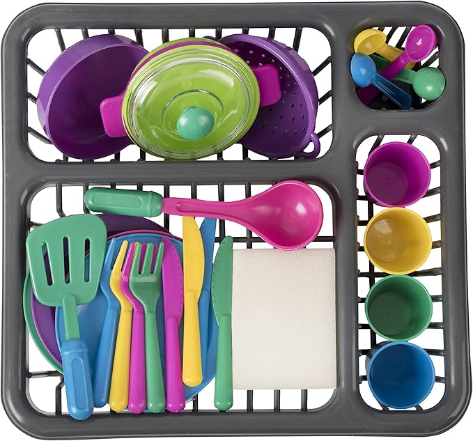 Big Mo’s Toys Pretend Play Dishes Playset – Little Chef Kitchen Set, Kids Cooking Serving Dishes - Play Cups, Pans, Cutlery, Ladle, Tableware, Pots and Dish Drainer, Set of 28