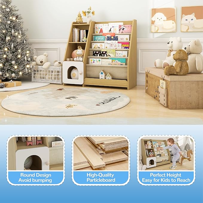 FKWin Kids Bookshelf, Kids Toy Storage Organizer, Baby Storage Book Rack, 4 Tier Kids Wooden Bookshelves, 5 Layer Sling Bookcase for Playroom, Bedroom, Living Room, Kids Room, Nursery, School(Natural)